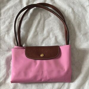 Longchamp Pink Nylon Shoulder Bag with Brown Leather Trim